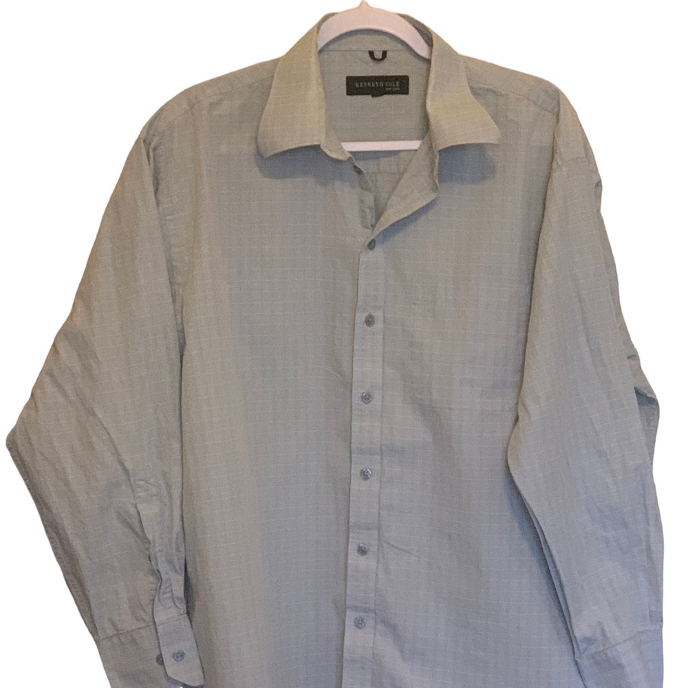 Kenneth Cole New York Mens Size 17 34/35 Light Blue Checked Long Sleeve